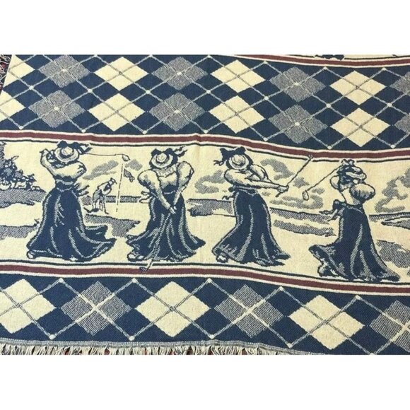 Vintage Simply Home Weavetec Golf Victorian Lady Dress Golfers Tapestry Throw US - Picture 1 of 11